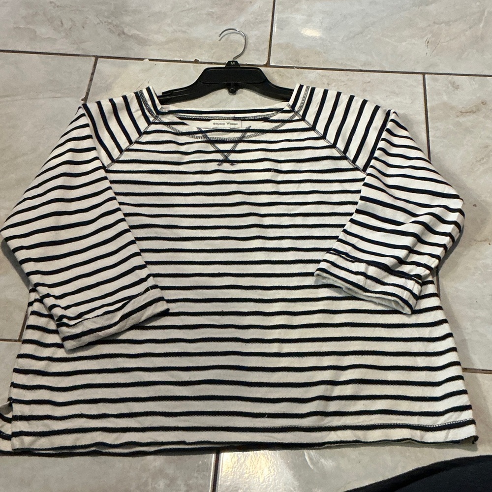 Studio Works Navy and White Striped Long Sleeve Top